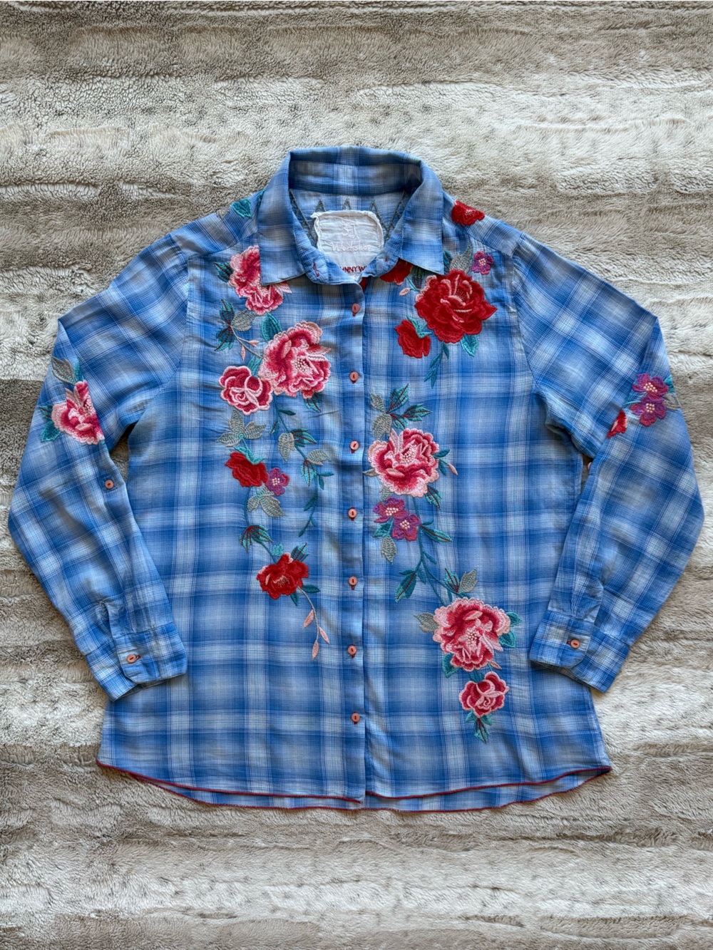 Johnny Was Embroidered Check Relaxed Button Down Shirt Size M - Picture 10 of 10